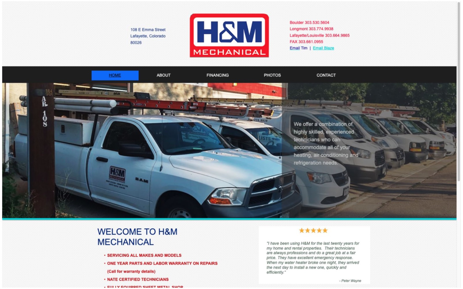 H&M Mechanical website before the concept, showing three regional numbers and a large truck photograph
