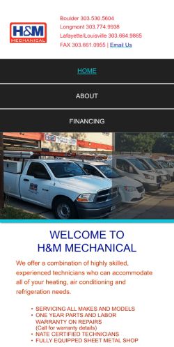 H&M Mechanical mobile homepage before the concept, with stacked navigation and plain-text phone numbers