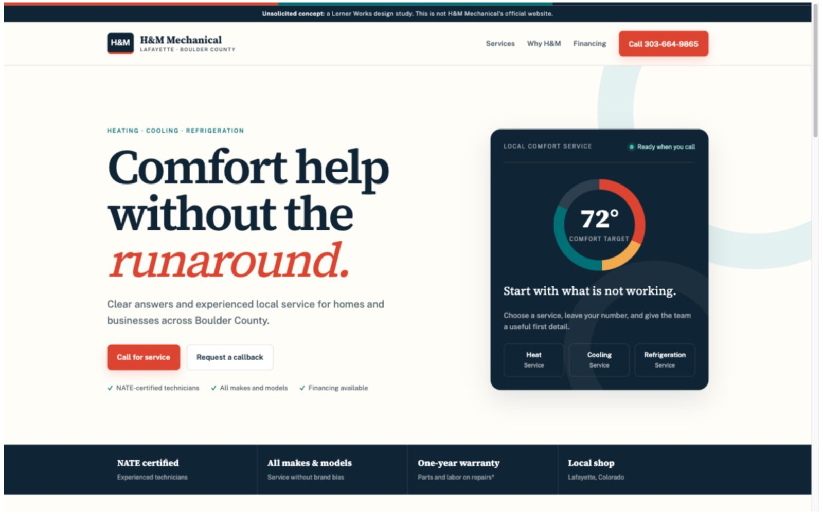 H&M Mechanical concept homepage with a one-tap call action and service overview