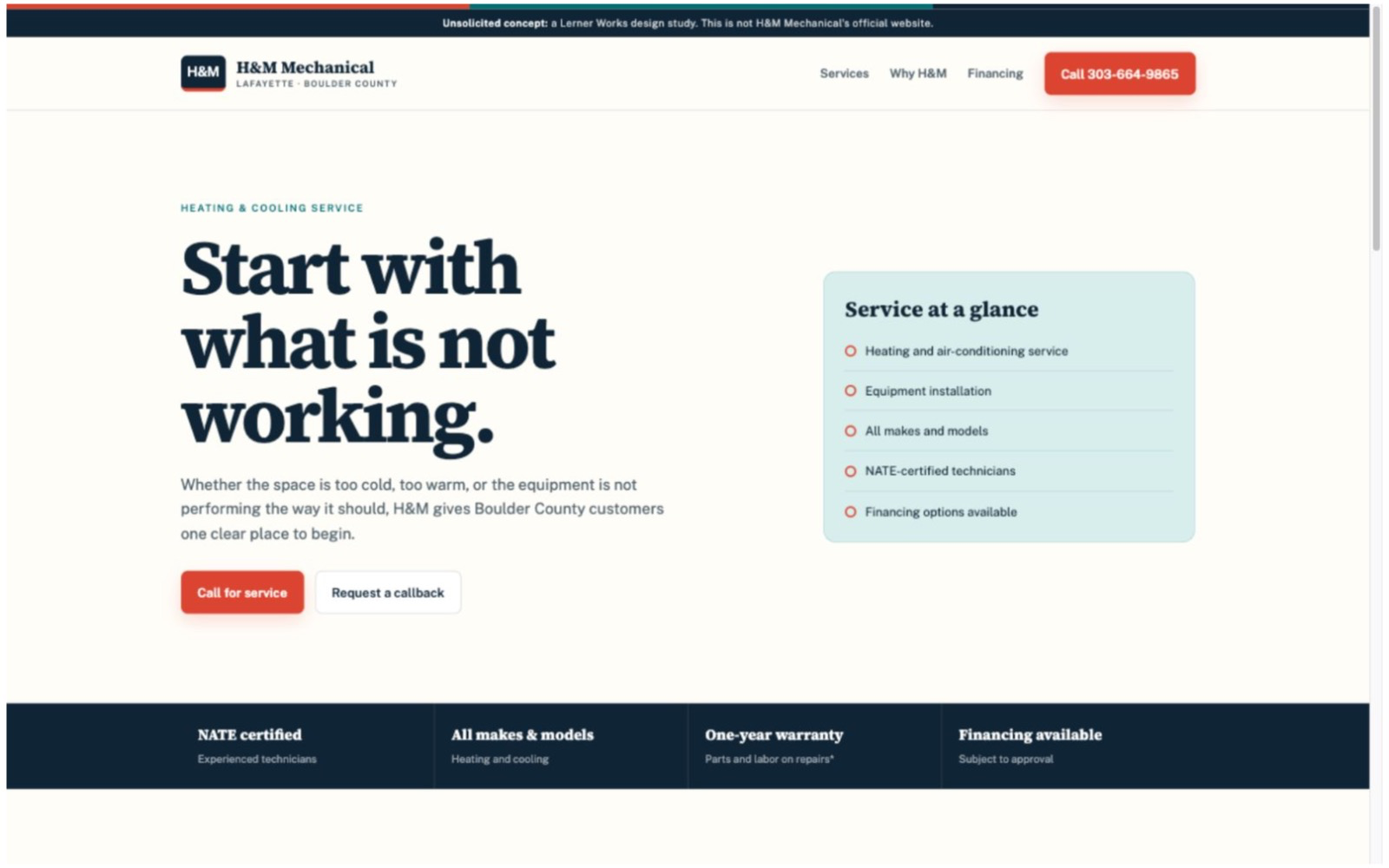 H&M Mechanical concept service page organized around heating and cooling problems