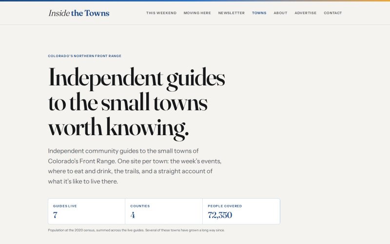 The Inside the Towns hub: independent guides to the small towns worth knowing, with seven guides live