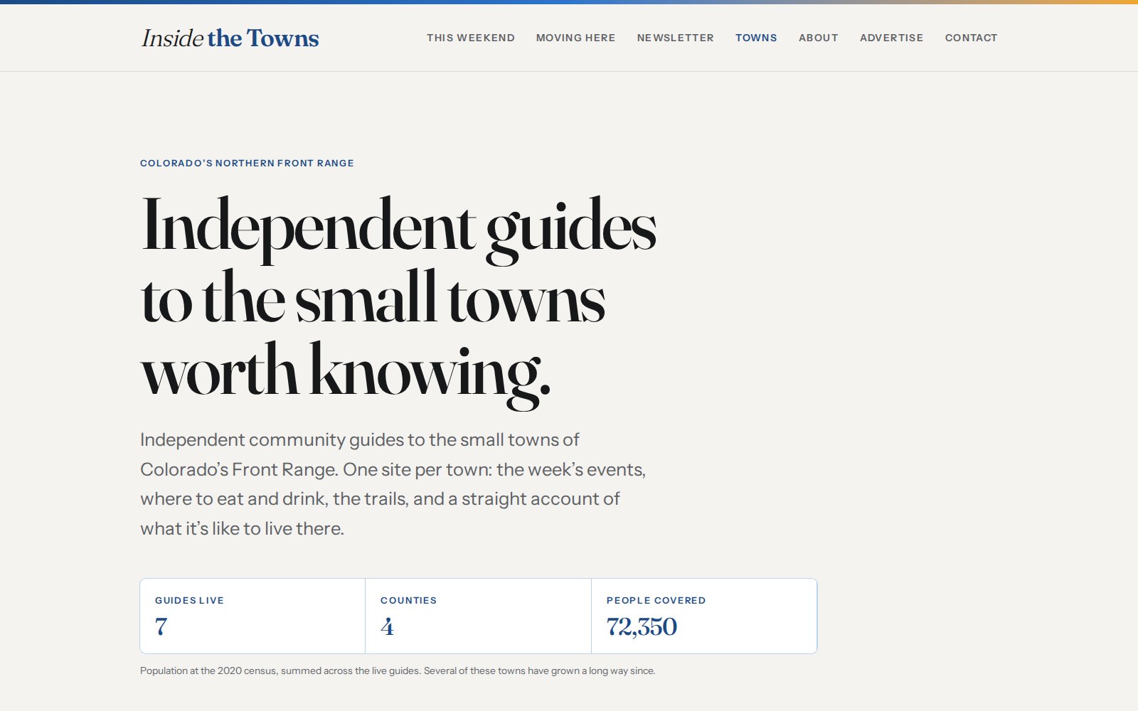 The Inside the Towns hub: the wordmark over the headline "Independent guides to the small towns worth knowing", and a strip reading 7 guides live, 4 counties, 72,350 people covered