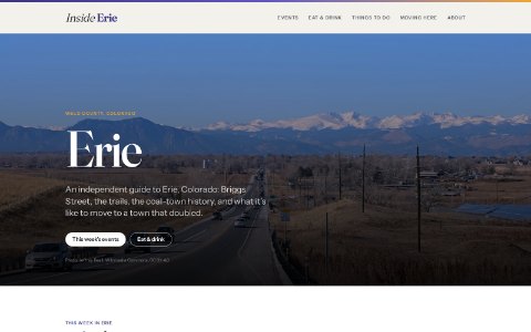 The Inside Erie home page: the wordmark over a photograph of the town