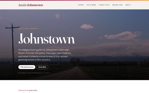 The Inside Johnstown home page: the wordmark over a photograph of the town