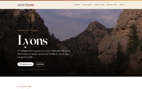 The Inside Lyons home page: the wordmark over a photograph of the sandstone walls at the canyon mouth