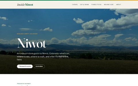 The Inside Niwot home page: the wordmark over a photograph of open grassland with the Front Range behind