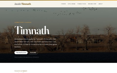 The Inside Timnath home page: the wordmark over a photograph of the town