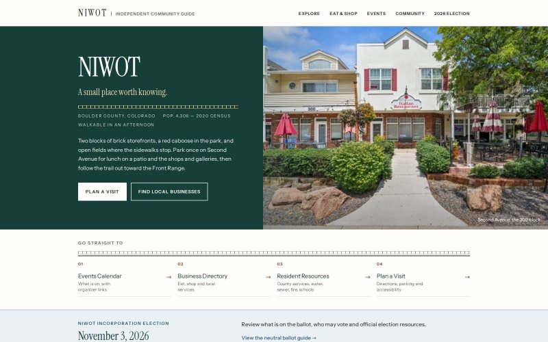 The TownofNiwot.com homepage with the NIWOT wordmark and a photograph of Second Avenue